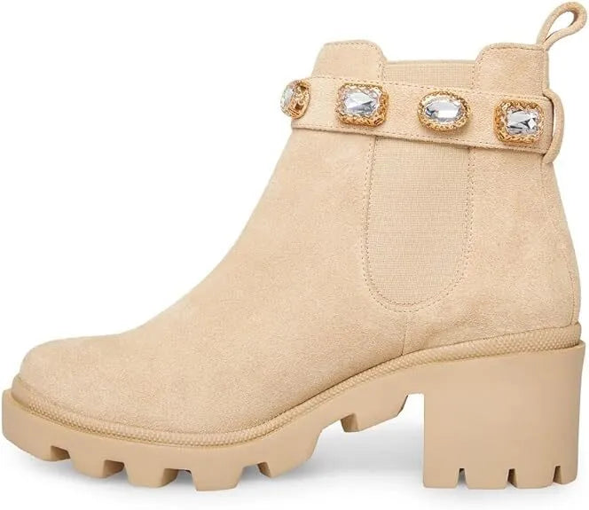 Steve Madden Amulet Embellished Lug Sole Combat Ankle Bootie Sand Suede