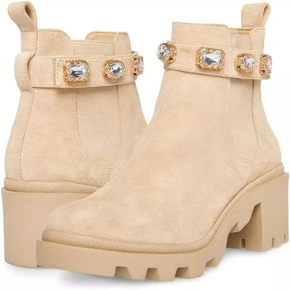 Steve Madden Amulet Embellished Lug Sole Combat Ankle Bootie Sand Suede