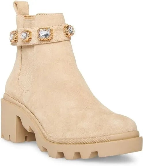 Steve Madden Amulet Embellished Lug Sole Combat Ankle Bootie Sand Suede