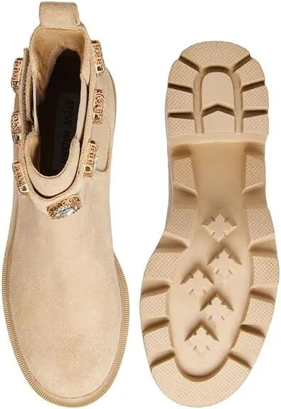 Steve Madden Amulet Embellished Lug Sole Combat Ankle Bootie Sand Suede