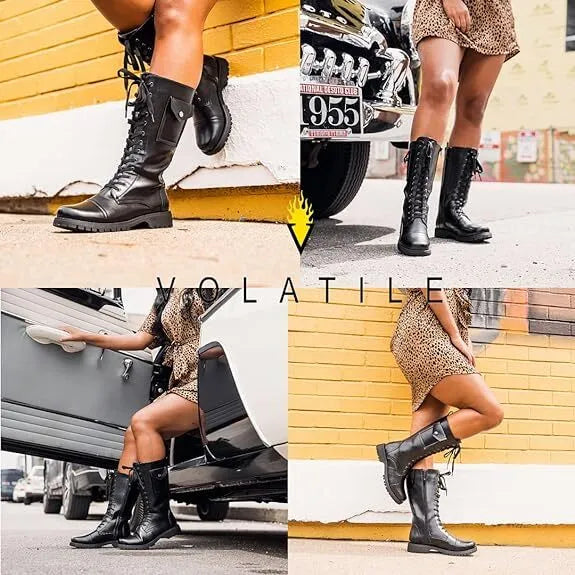 Volatile Stash Black Combat Boots for Women - Knee High Military Rocker Style