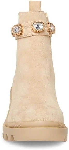 Steve Madden Amulet Embellished Lug Sole Combat Ankle Bootie Sand Suede